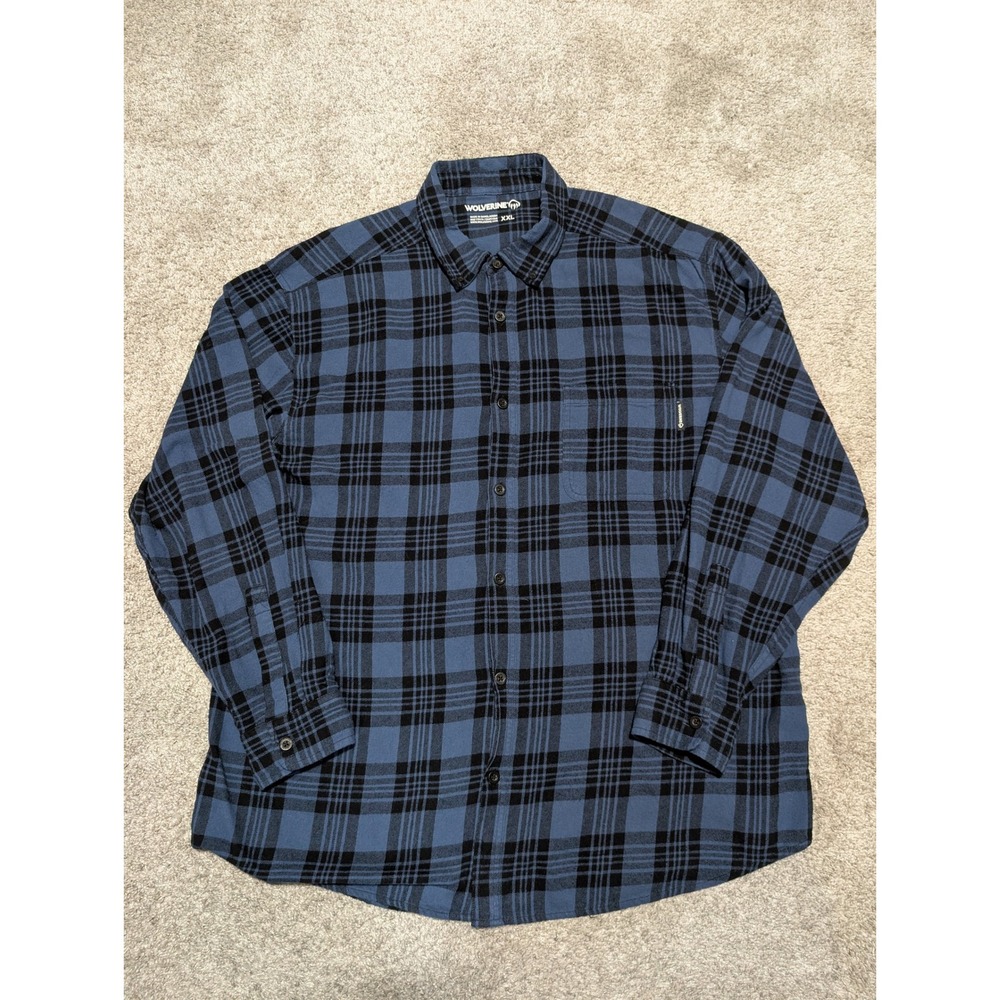 Wolverine Flannel Shirt Mens XXL Blue Black Plaid Long Sleeve Button Up Workwear